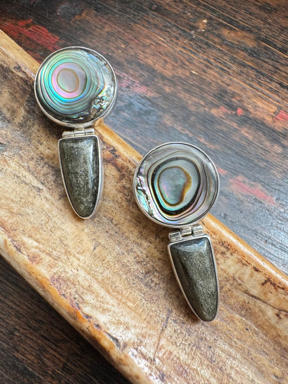 Golden Obsidian Abalone Post Back Sterling 925 Silver Earrings 1.75 inch